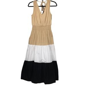 1.State Smocked Elastic Waist Pockets Tiered V-Neck Peasant Cotton Maxi Dress S